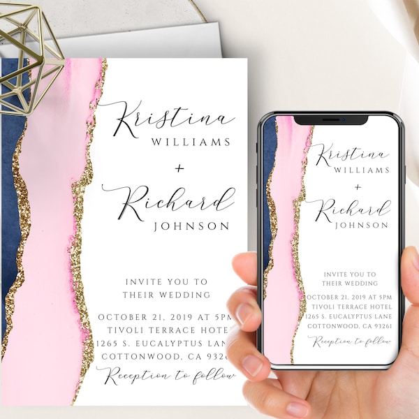 Pink And Navy Blue Wedding Phone Evite+Printable Invite, Agate Geode Watercolor, Gold, Electronic Digital, Modern, Minimalist, Blush Pink