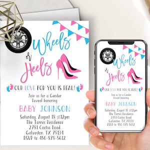 Wheels Or Heels Gender Reveal Phone Evite+Printable Invite, Cars Wheels Trucks, Boy Or Girl, He Or She, Reveal Party Invitation, Baby Reveal