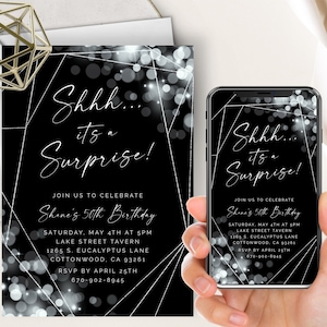 Invitación a fiesta sorpresa Shhh, cualquier edad, cumpleaños sorpresa, negro y plateado, luces brillantes Bokeh, 50, 40, 30, 21, hombre, mujer