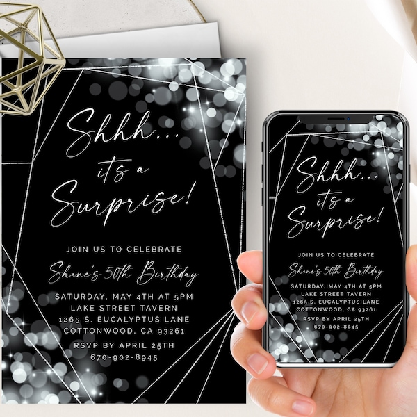 Shhh Surprise Party Invite, ANY Age, Surprise Birthday, Black And Silver, Bokeh Glitter Lights, 50th, 40th, 30th, 21st, Male, Female
