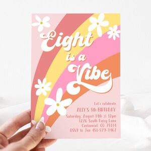 Eight Is A Vibe Birthday Invite, Groovy Birthday Invitation, 8th Birthday, Hippie 70s Retro, Rainbow, Daisies, Colorful Bright Peach Pink