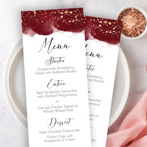 Rotes Aquarell Menü Vorlage, Konfirmation, Kommunion, Hochzeit, Apfel Rot Aquarell Fleck, Tee Länge, Gold Glitter, Moderne Kalligraphie