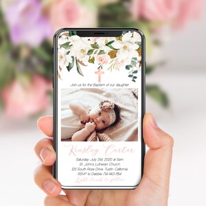 Magnolia Floral Baptism Evite, Photo Invite, Blush Pink and White Floral, Cross, Girl Dedication, Electronic, Digital, Phone Invite