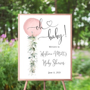 Grünes rosa Ballon-Baby-Dusche-Willkommens-Schild, botanische Eukalyptus-Sukkulenten, Mädchen, Oh Baby-Willkommens-Poster, Boho-Grün Gold, Aquarell