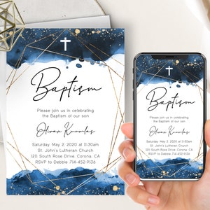 May include: Blue and gold baptism invitation with a geometric design and watercolor background. The invitation includes the text "Baptism", the name "Hiven Knowles", the date "Saturday, May 2, 2020 at 11:30am", the location "St. John's Lutheran Church", the address "1211 South Rose Drive, Corona, CA", and the RSVP information "RSVP to Debbie 714-452-9136".
