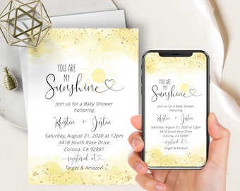 You Are My Sunshine Baby Shower, Yellow Watercolorsplash, Phone Evite+Printable Invite, Sun, Electronic, Digital, Sun, Gender Neutral