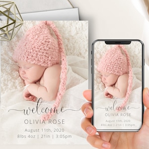 Anuncio de nacimiento con foto, electrónico + imprimible, bienvenido bebé, niño o niña, anuncio de nacimiento con tarjeta electrónica, digital, caligrafía moderna, guión