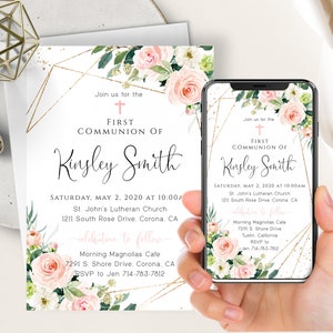 Blush Pink Floral First Communion Evite, Electronic Invitation, Girl Dedication, Baptism, Gold Frame, Digital Invite,Pink Cross,Text Message