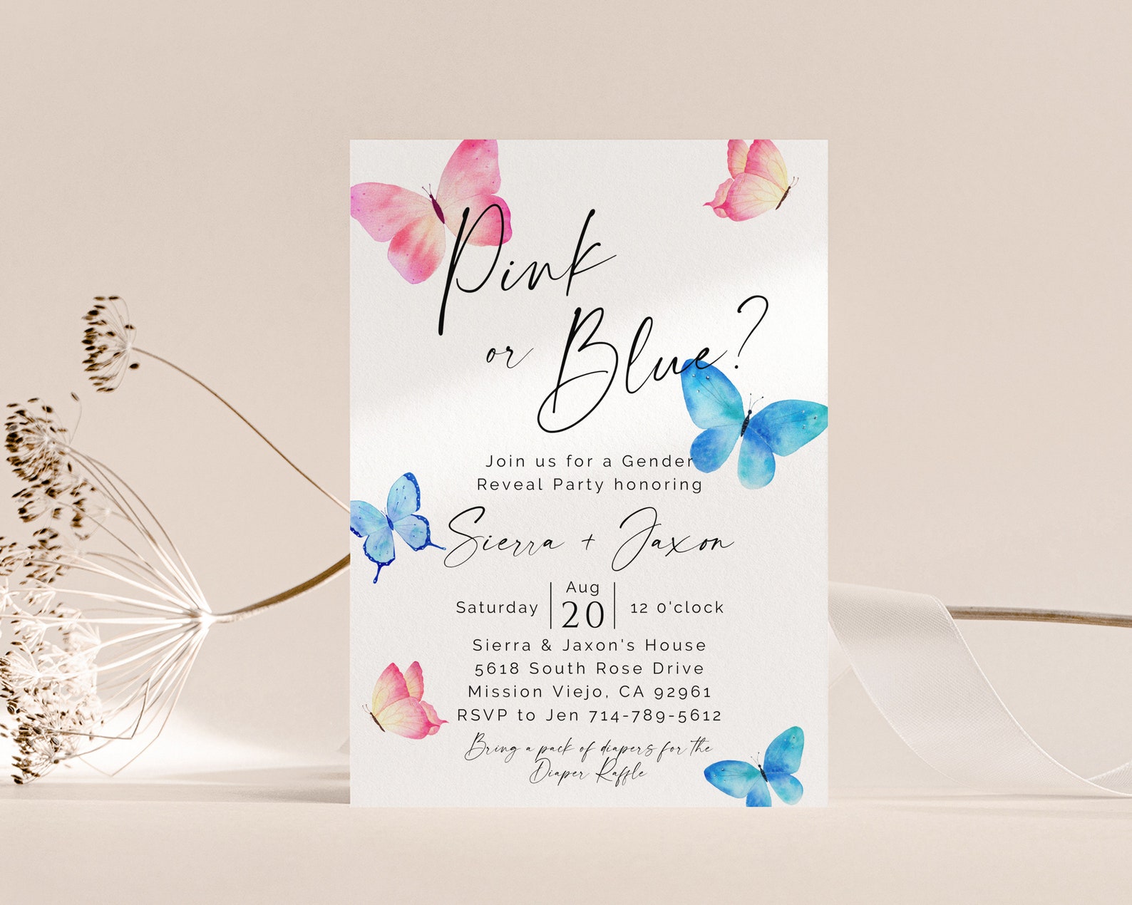Butterfly Gender Reveal Phone Eviteprintable Invite Pink or Etsy