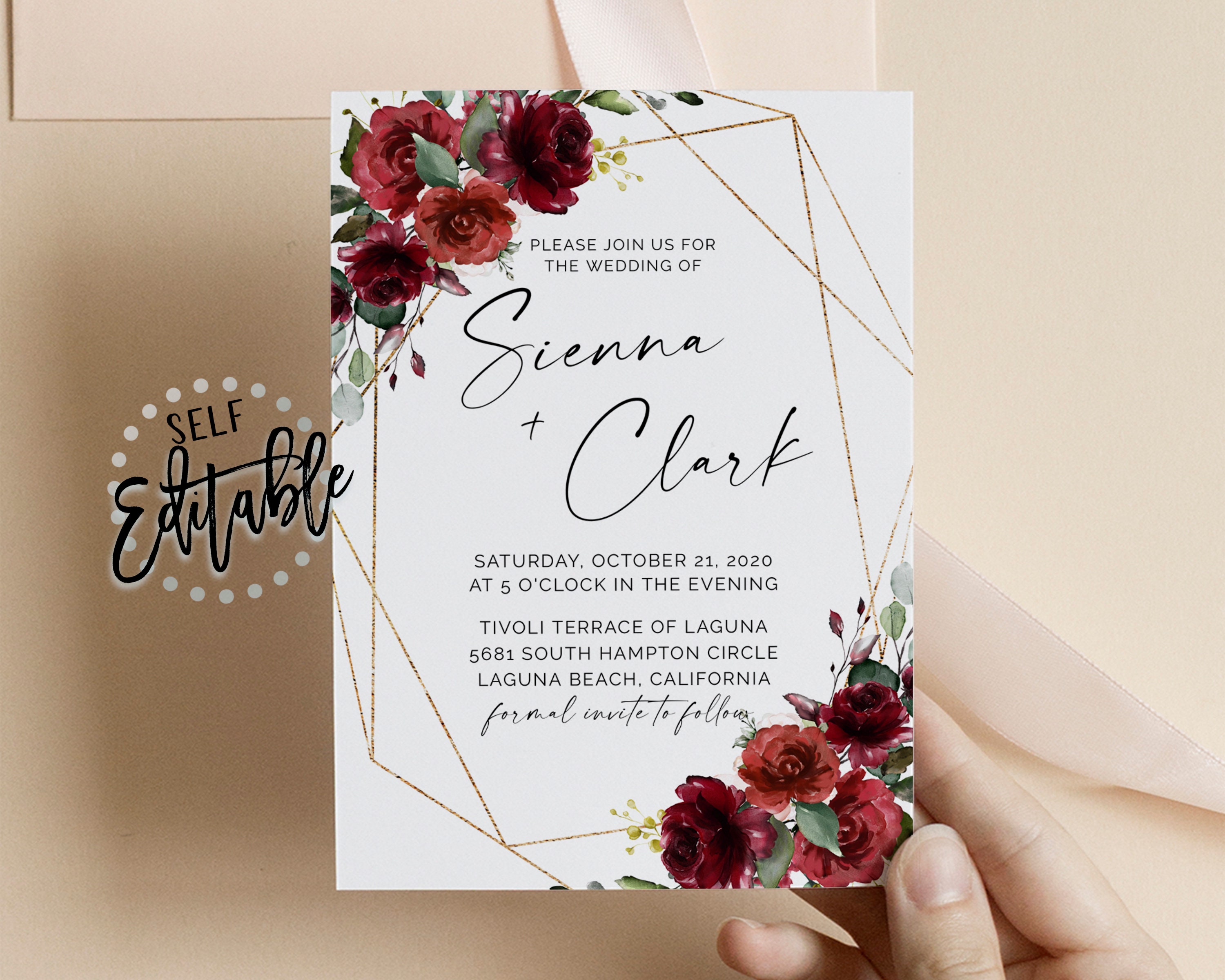 Frame Invitation Red Red Floral Wedding Invite Red Roses Gold Frame Romantic - Etsy