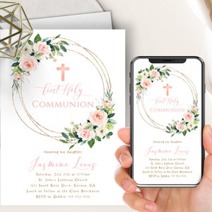 Rosa Blumen Kommunion Telefon Evite + Printable einladen, erste heilige Kommunion, Blush rosa Blumen grün, Goldrahmen, 1st, Mädchen, elektronisch