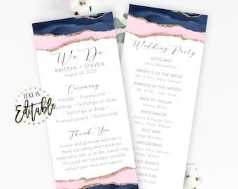 Pink And Navy Watercolor Wedding Program Template, Printable Ceremony Template, Agate Geode, Gold, Wedding Party, Tea Length, Itinerary