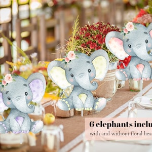 4&quot; Elephant Cutouts, Centerpieces, Pink Purple Yellow Elephants, Pink Floral, Girl Party Decor, Baby Shower, Birthday, Table Decor,Printable