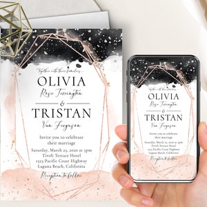 Rose Gold Watercolor Wedding Phone Evite+Printable Invite, Pink And Black Watercolor, Wedding Invitation, Electronic, Silver Glitter, Blush