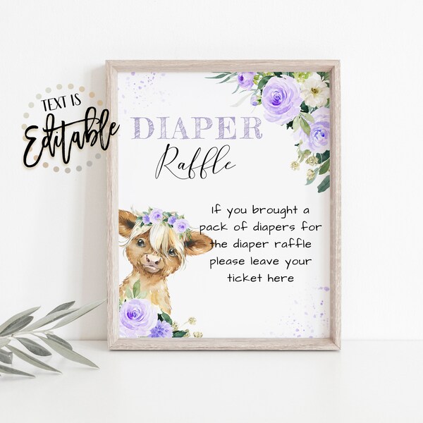 Highland Cow Diaper Raffle Sign, Purple Floral, Baby Calf, Lavender Flowers, Farm Animals, Barnyard, Diaper Sign, Template