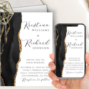 Black Agate Wedding Phone Evite+Printable Invite, Charcoal Slate Geode Watercolor, Gold, Electronic Digital, Modern, Minimalist, Elegant