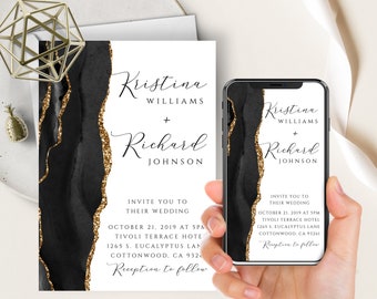 Black Agate Wedding Phone Evite+Printable Invite, Charcoal Slate Geode Watercolor, Gold, Electronic Digital, Modern, Minimalist, Elegant