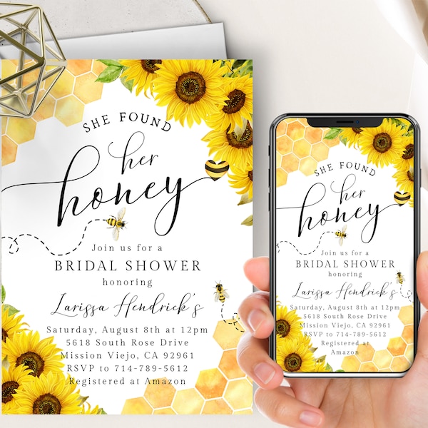 Honey Bee Bridal Shower Phone Evite+Printable Invite, She Found Her Honey, Sunflowers, Honey Bee, Wedding Shower, Rustic Bridal Invitation