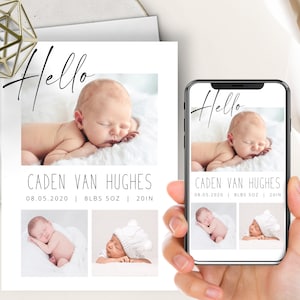 Faire-part de naissance photo, électronique + imprimable, bienvenue bébé, garçon ou fille, carte électronique de faire-part de naissance, numérique, calligraphie moderne, script