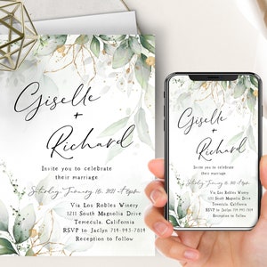 Greenery Gold Sukkulenten Hochzeit Einladen, Eukalyptus Botanische Blätter, Laub, Aquarell Spritzer, Boho Hochzeitseinladung, Romantisch
