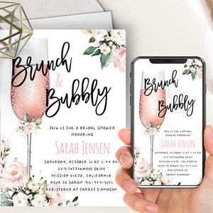 Pink Rose Brunch And Bubbly Baby Shower Phone Evite+Printable Invite, Blush Pink Flowers, Girl, Champagne Flute, Electronic Digital