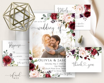 Conjunto de invitación de boda con flores de Marsala, inserción de foto, rosas rosadas de color burdeos y merlot, flores de color ciruela roja, invitación de boda, plantilla, teléfono Evite