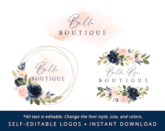 Feminine Logo Design, Self-Editable, Pink And Navy Floral Watercolor, ANY BUSINESS, Blush Pink, Business Branding Template, Custom, Premade