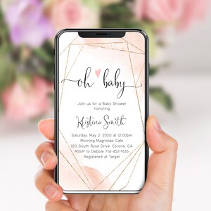 Invitación digital para baby shower con acuarela rosa, corazón rosa, Oh Baby, Evite electrónica, rosa ruborizado, sencilla, estilo bohemio, marco dorado