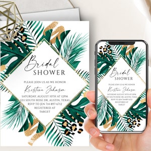 Tropisches Brautparty-Telefon Evite + Printable Invite, Palmenblätter, Geparden-Druck, Safari, Goldpalmen, botanisches, Dschungel, Grün-Brautzeit