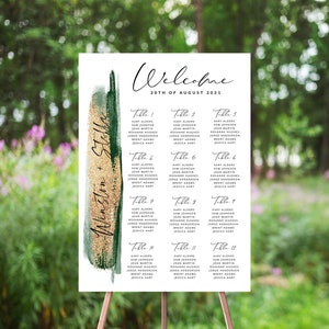 May include: A wedding seating chart with a green and gold abstract design. The chart lists the names of guests assigned to each table. The text at the top reads "Welcome 20th of August 2021" and "Winston & Stella".