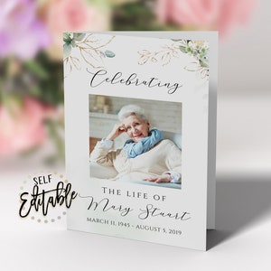 Printable Funeral Program Template, EDITABLE, Memorial Service Template, Greenery Obituary, Celebration Of Life, In Loving Memory, Gold
