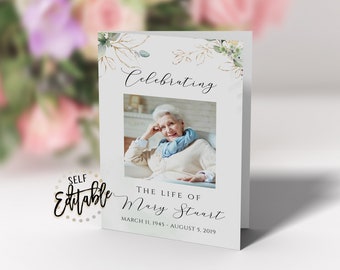 Printable Funeral Program Template, EDITABLE, Memorial Service Template, Greenery Obituary, Celebration Of Life, In Loving Memory, Gold