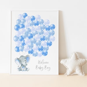 50 Blue Balloons Elephant Guestbook, Sign The Balloon, Signature Guest Book Sign, Boy Baby Shower, Cute Elephant, Blue Elephant, Printable