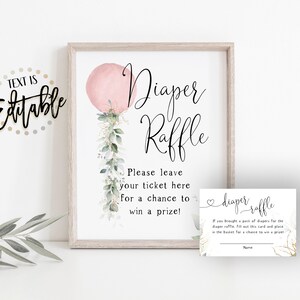 Roze aquarel ballon luier loterij teken + kaarten, botanische eucalyptus vetplanten, meisje baby shower decor, groen ballon, bewerkbaar