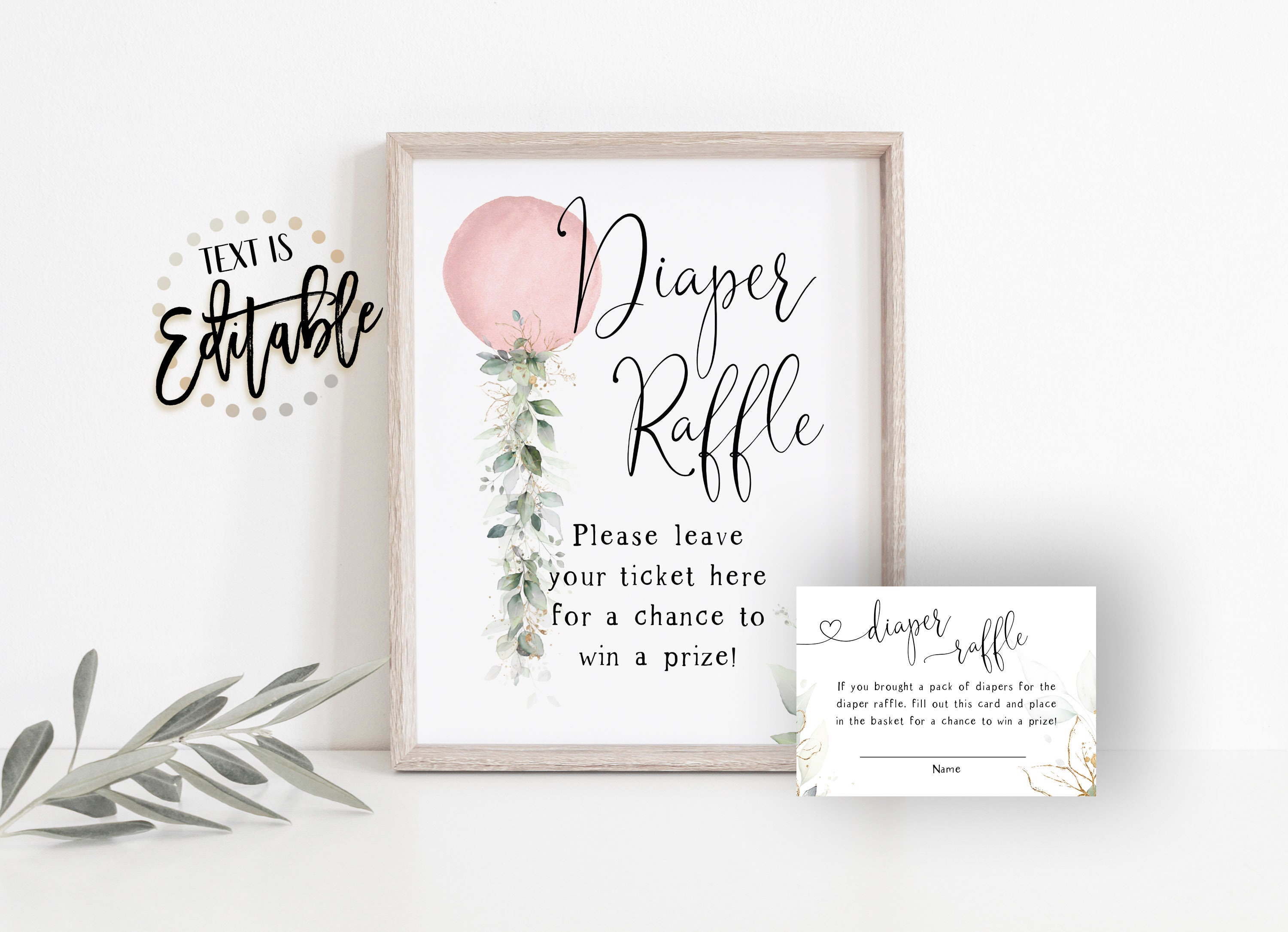 Pink Diaper Raffle Sign Pink Watercolor Balloon Diaper Raffle Sign + Cards, Botanical ...