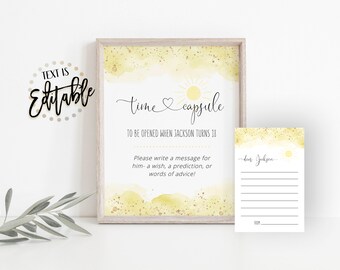May include: A yellow and gold watercolor time capsule sign with the text "Time Capsule" and "To be opened when Jackson turns 18". A smaller card with the text "Dear Jackson..." and lines for writing a message.