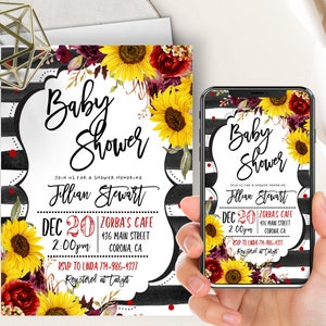 Sonnenblume-Babyparty-Telefon Evite + Printable einladen, rotes Burgunder-Marsala-Blumen, schwarze und weiße Streifen, elektronisches Digital, rote Rose