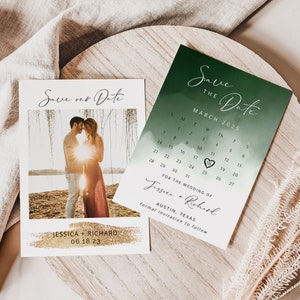 Green Watercolor Save The Date Calendar, Phone Evite+Printable Invite, Emerald Moody Collection, Electronic Digital, Minimalist,Forest Green