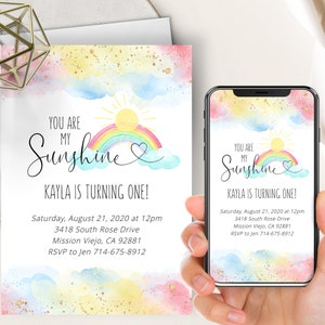 Rainbow You Are My Sunshine Birthday Phone Evite+Printable Invite, First Birthday, Any Birthday, Watercolor Splash, Brighter Than The Sun