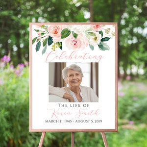 Pink Floral Funeral Welcome Sign, Celebration Of Life Poster, Blush Pink Flowers, Memorial Template, Photo Board, In Loving Memory,Printable
