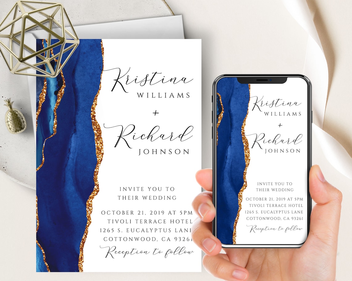 Royal Blue Wedding Phone EvitePrintable Invite Agate Geode image 1