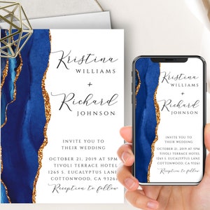 Royal Blue Wedding Phone Evite+Printable Invite, Agate Geode Watercolor, Gold, Electronic Digital, Modern, Minimalist, Elegant, Minimalism