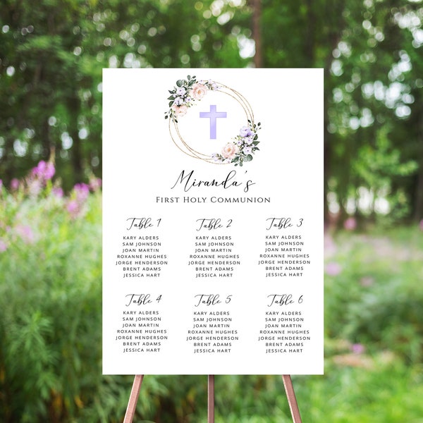 Purple & Pink Floral Communion Seating Chart, Editable Seating Plan Sign, Gold Frame, Lavender and Blush Flowers, Table Numbers, Decor