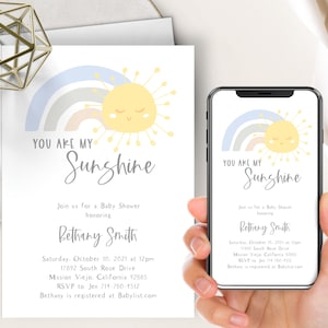 You Are My Sunshine Baby Shower Evite+Printable Invite, Blue Rainbow And Sun, Boho Chic, Boy, Modern, Simple, Muted Tones, Boho Invite