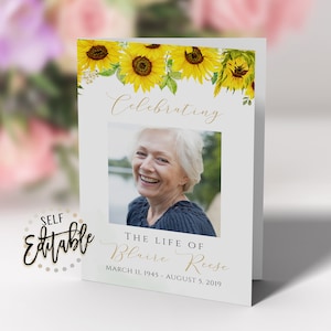 Plantilla de programa funerario imprimible, girasoles, plantilla de servicio conmemorativo, obituario, celebración de la vida, en memoria amorosa, carta de EE. UU.