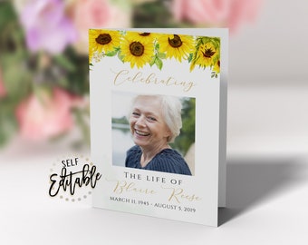Printable Funeral Program Template, Sunflowers, Memorial Service Template, Obituary, Celebration Of Life, In Loving Memory, US Letter