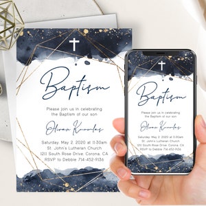 May include: A blue and gold geometric baptism invitation with a cross and the text "Baptism" and "Please join us in celebrating the Baptism of our son Oliver Knowles" with the date, time, location, and RSVP information.