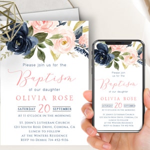 Pfirsich und Marine Blumen Taufe Telefon Evite + druckbare einladen, erröten rosa und dunkelblau, Mädchen Taufe, digital elektronisch, Textnachricht