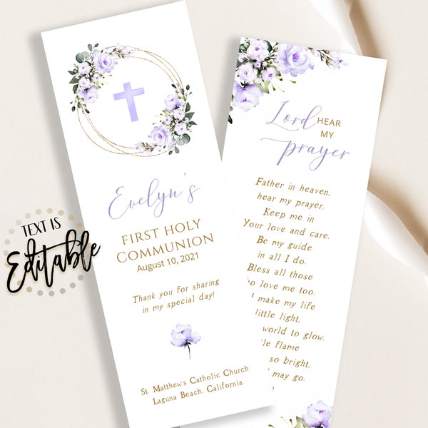 Lavender Floral First Communion Bookmark Template, Prayer Card, Girl, Purple Cross, Gold Frame, Keepsake, First Holy, Favors, Decor