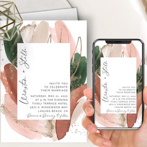 Abstract Shapes Wedding Phone Evite+Printable Invite, Orange Beige Forest Green, Blush Pink, Gold Watercolor, Organic Shapes, Clay,